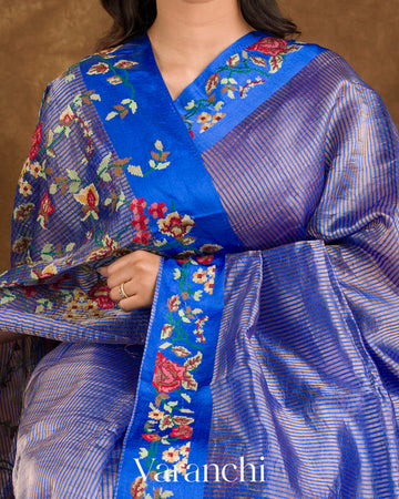 Royal Blue Cross-Stitch Tissue Striped Pure Katan Silk Saree