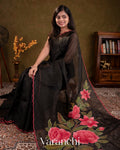 Jet Black Hand-Painted and Embroidered Pure Kora Silk Saree