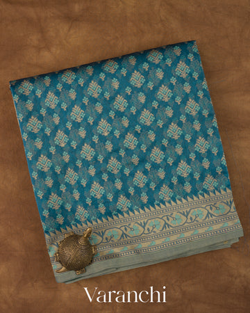 Deep Teal Blue Jamdani Pure Kora Silk Cotton Saree