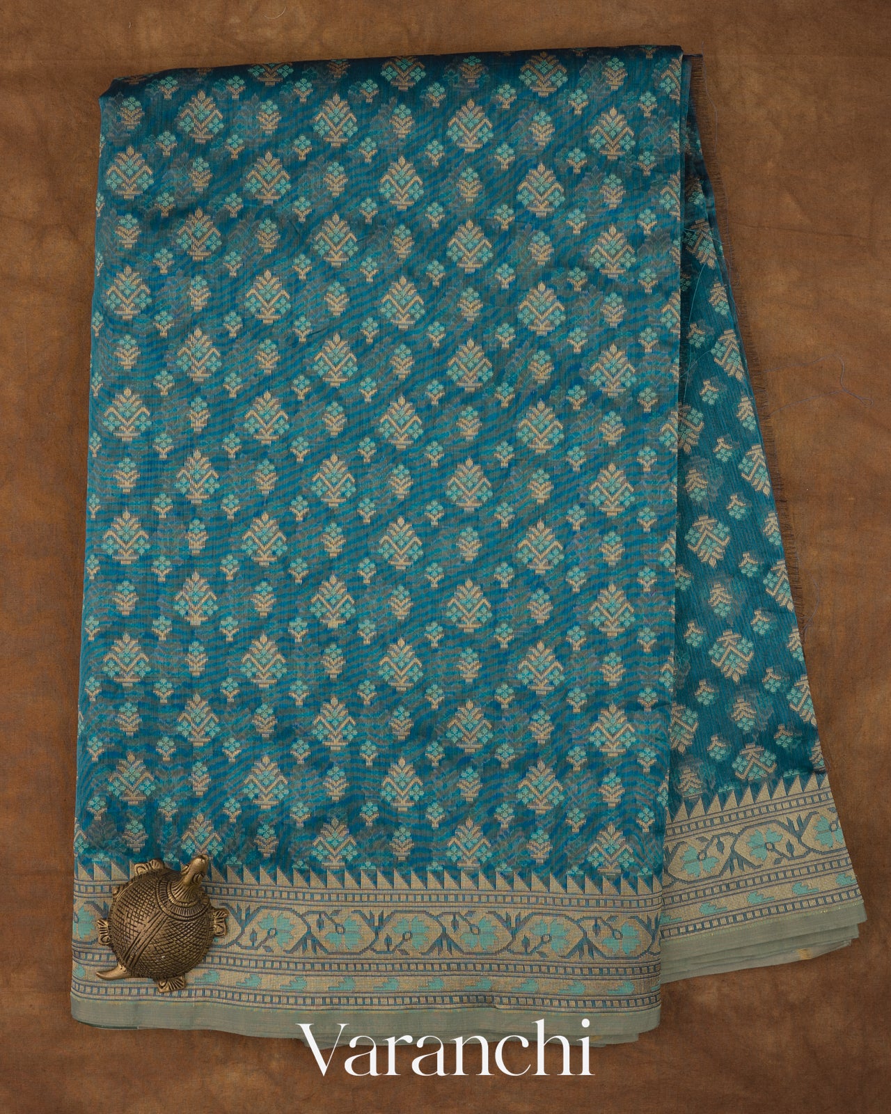 Deep Teal Blue Jamdani Pure Kora Silk Cotton Saree