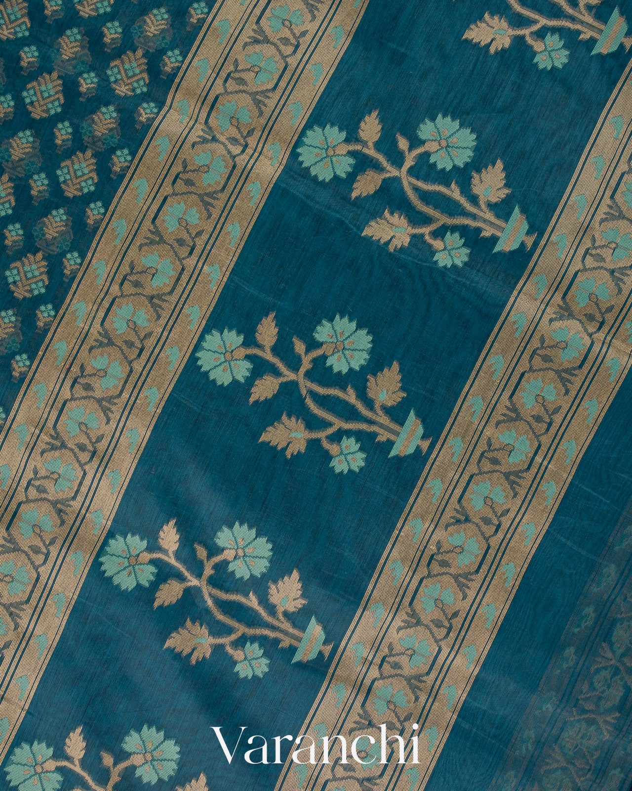 Deep Teal Blue Jamdani Pure Kora Silk Cotton Saree