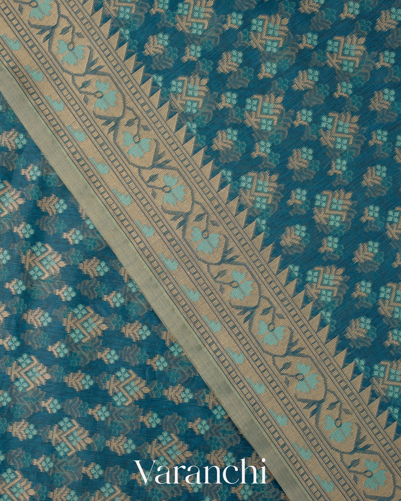 Deep Teal Blue Jamdani Pure Kora Silk Cotton Saree