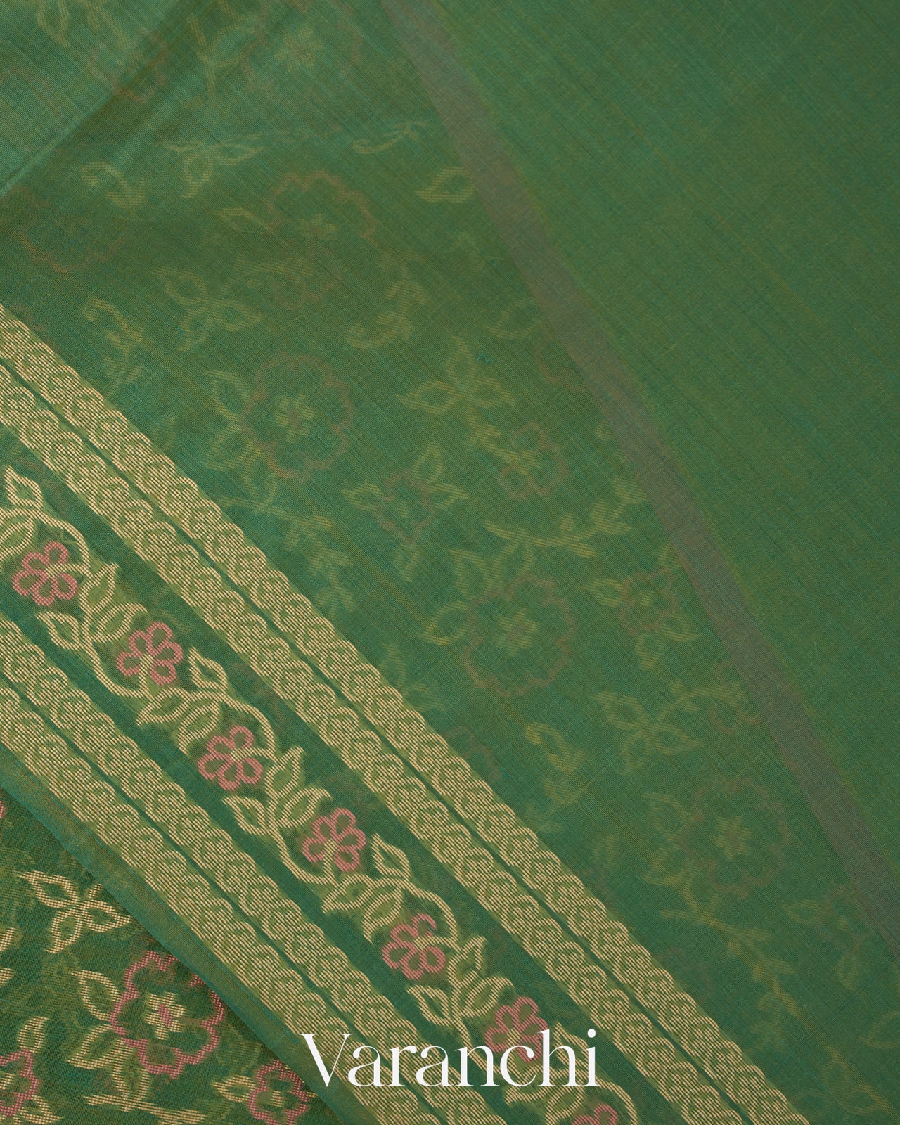 Fern Green Jamdani Pure Kora Cotton Handloom Saree