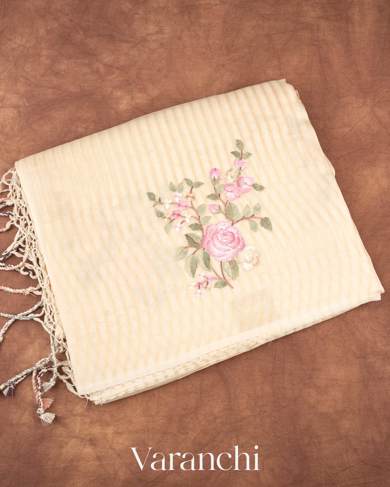 Ivory Floral Applique and Embroidered Pure Kora Silk Saree 