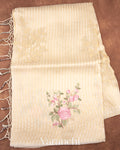 Ivory Floral Applique and Embroidered Pure Kora Silk Saree 