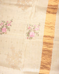 Ivory Floral Applique and Embroidered Pure Kora Silk Saree 
