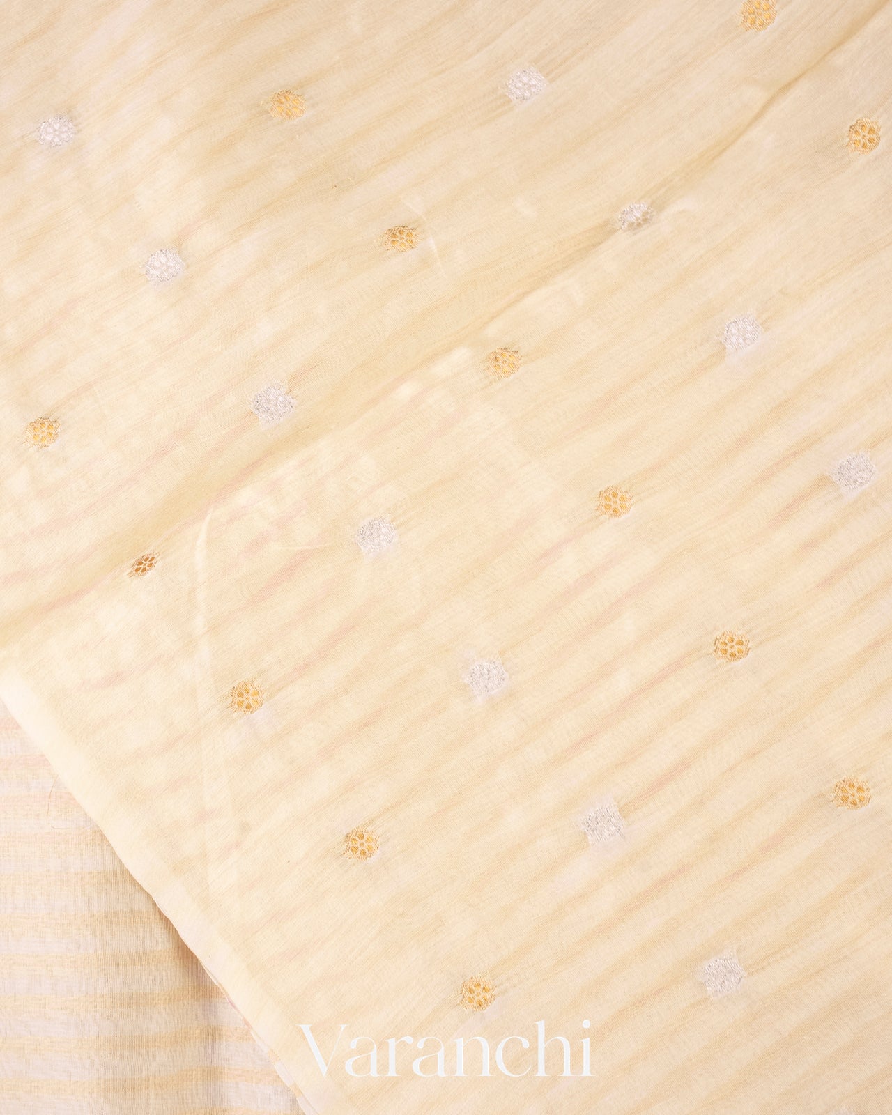 Ivory Floral Applique and Embroidered Pure Kora Silk Saree 