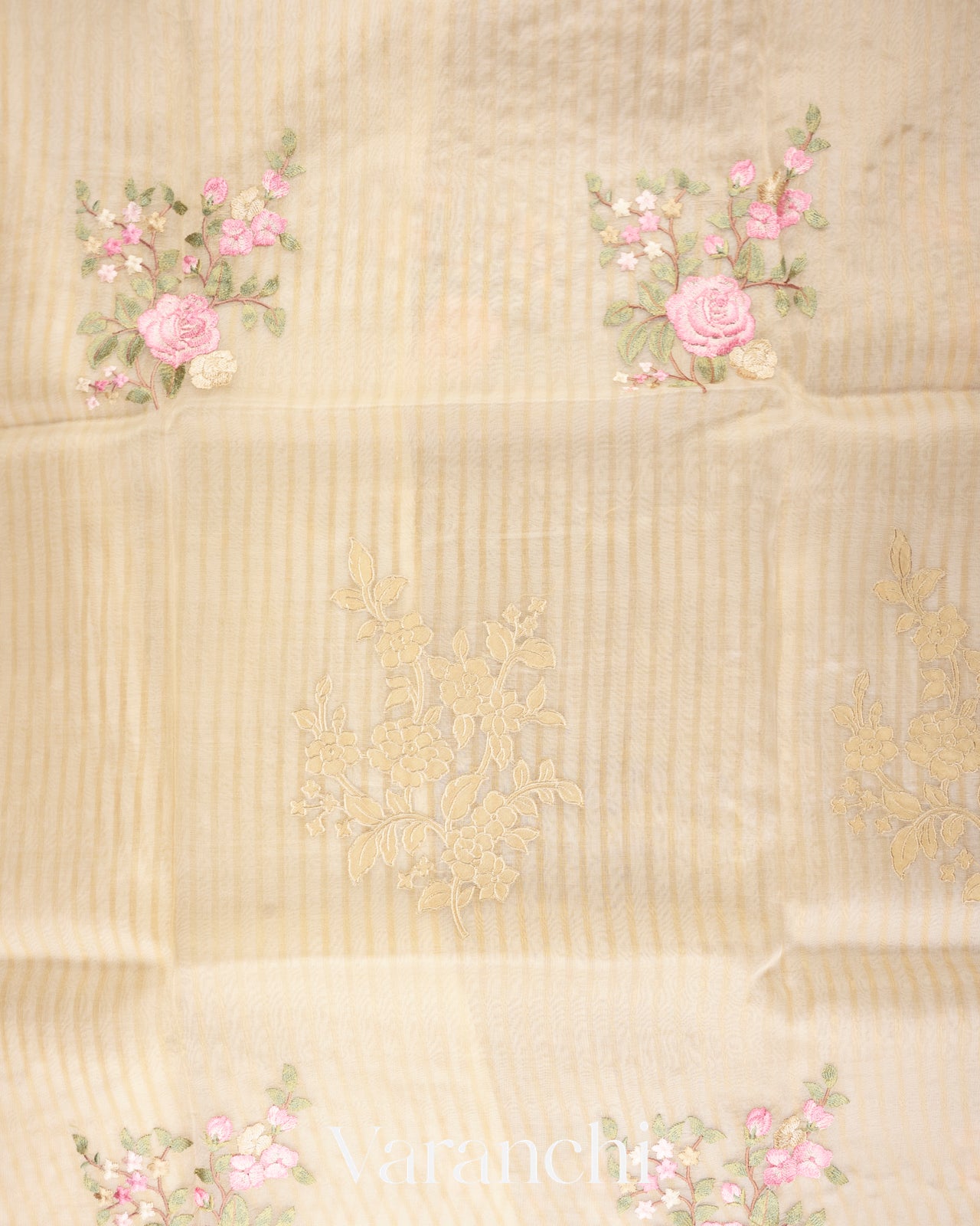 Ivory Floral Applique and Embroidered Pure Kora Silk Saree 