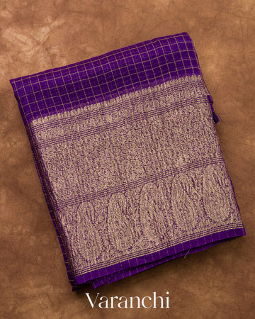 Violet Checkered Pure Kora Silk Saree