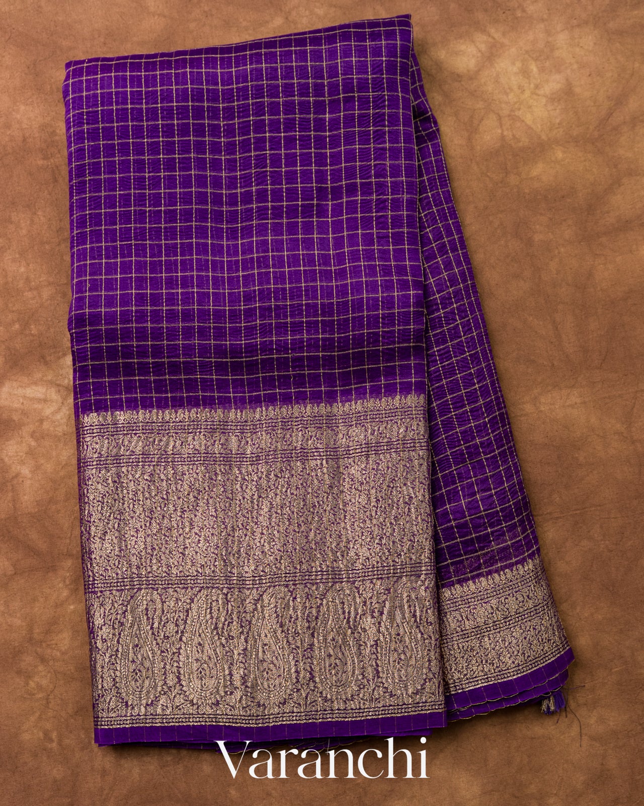 Violet Checkered Pure Kora Silk Saree