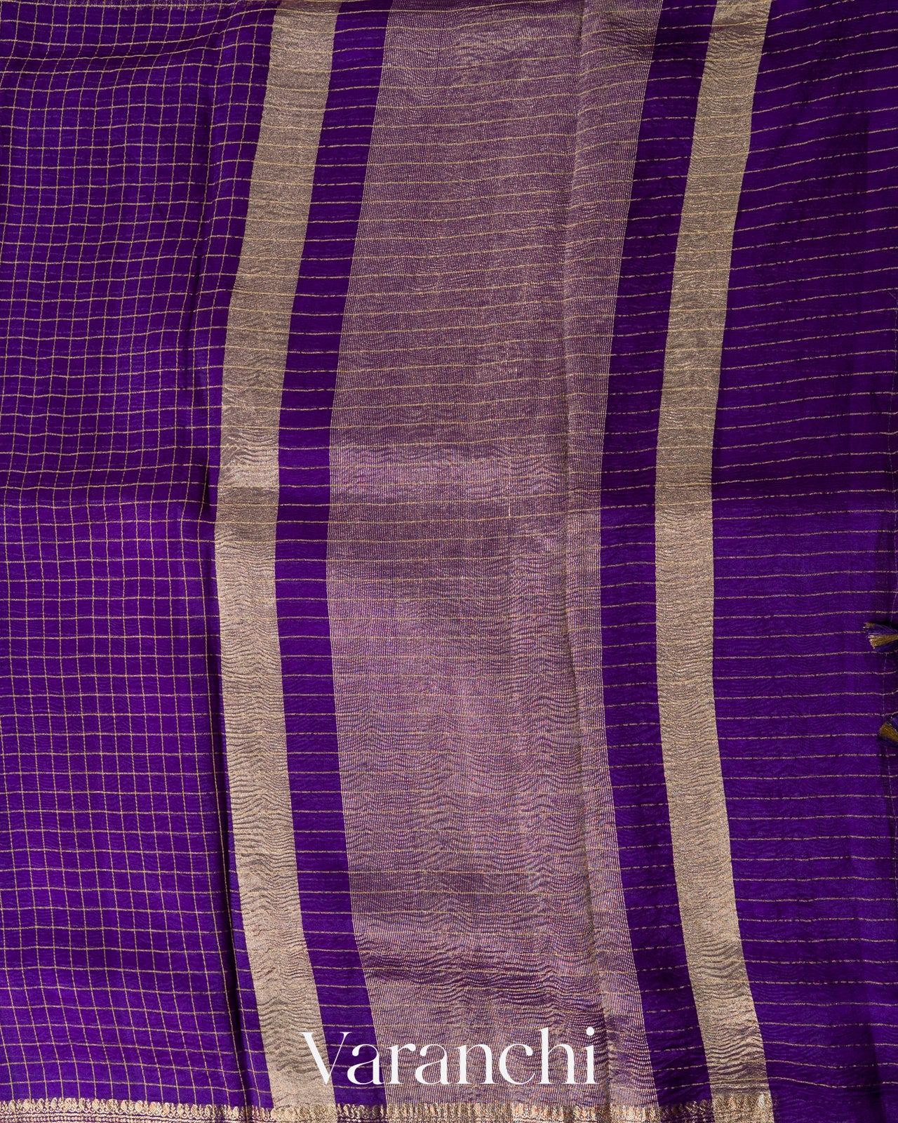 Violet Checkered Pure Kora Silk Saree