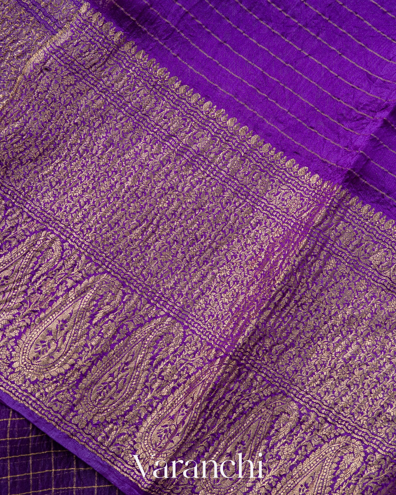Violet Checkered Pure Kora Silk Saree