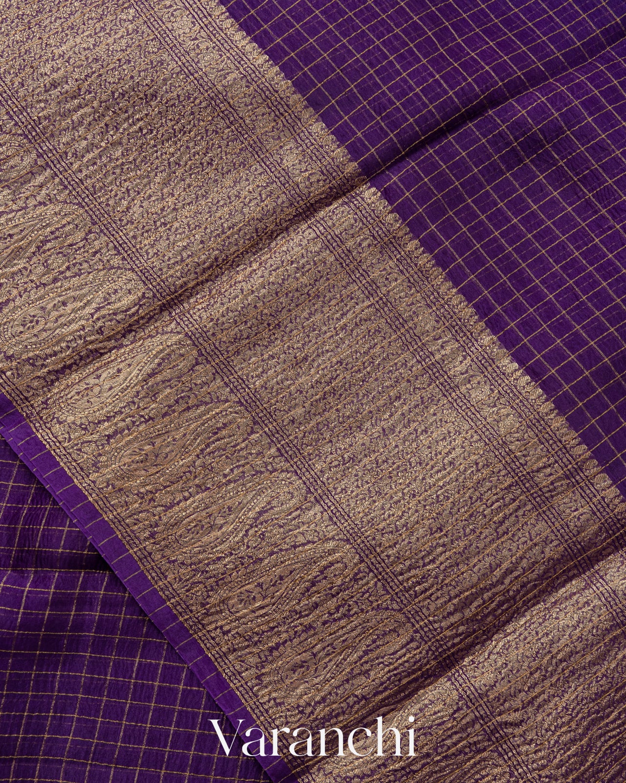 Violet Checkered Pure Kora Silk Saree