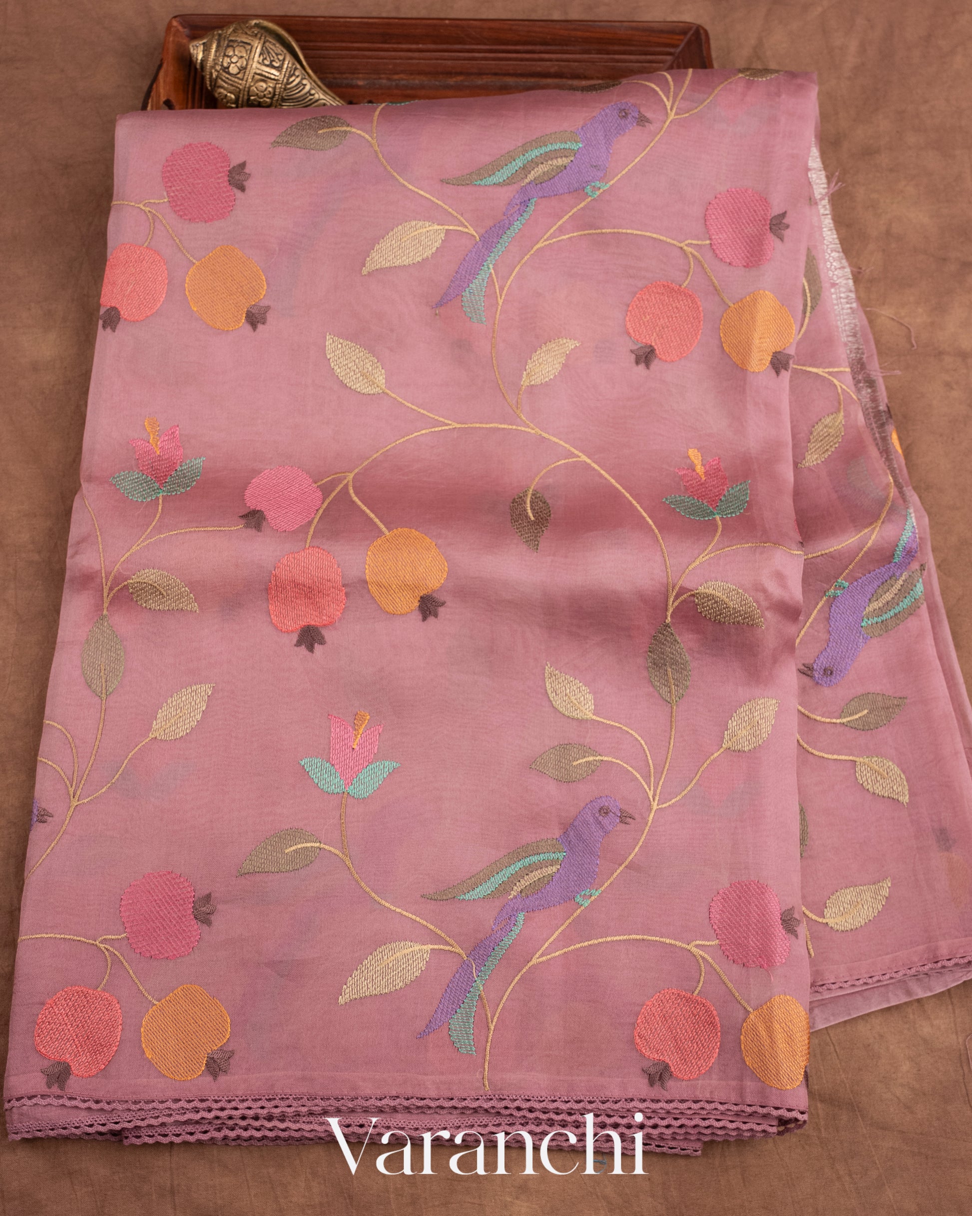 Dusty Pink Embroidered Pure Kora Silk Saree