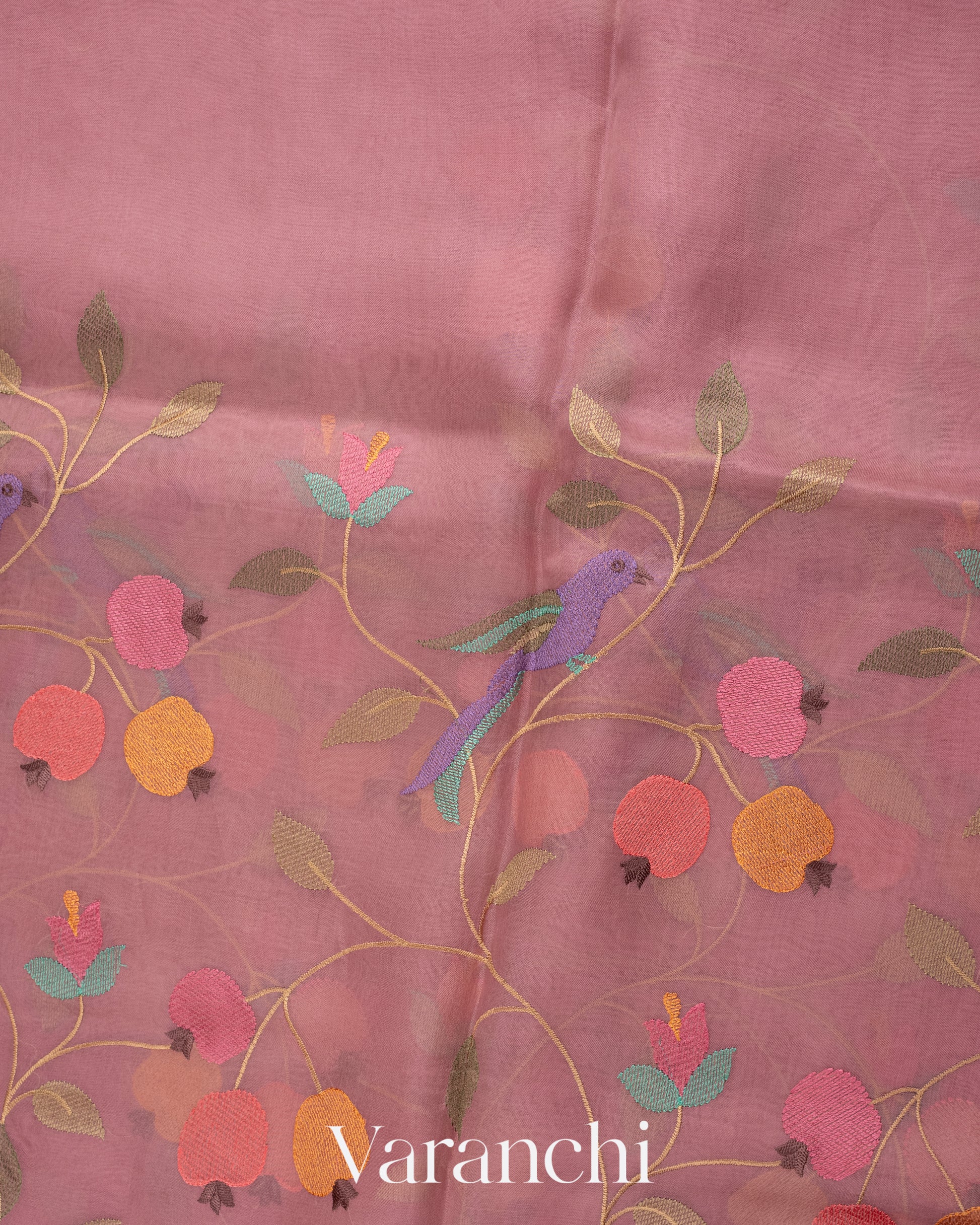 Dusty Pink Embroidered Pure Kora Silk Saree