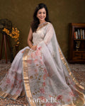 Soft Grey Floral Printed Pure Kora Silk Saree