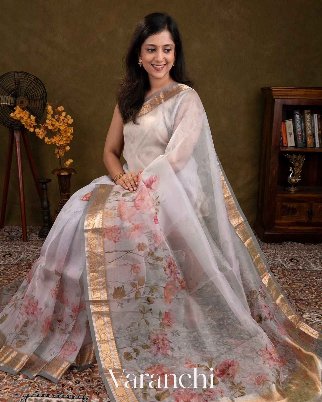 Soft Grey Floral Printed Pure Kora Silk Saree