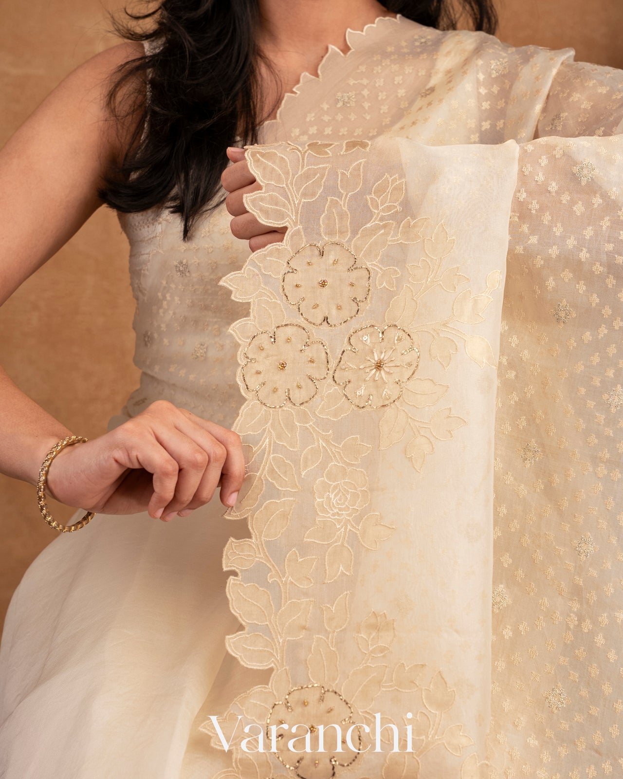 Off White Tissue Applique and Embroidered Pure Kora Silk Saree 