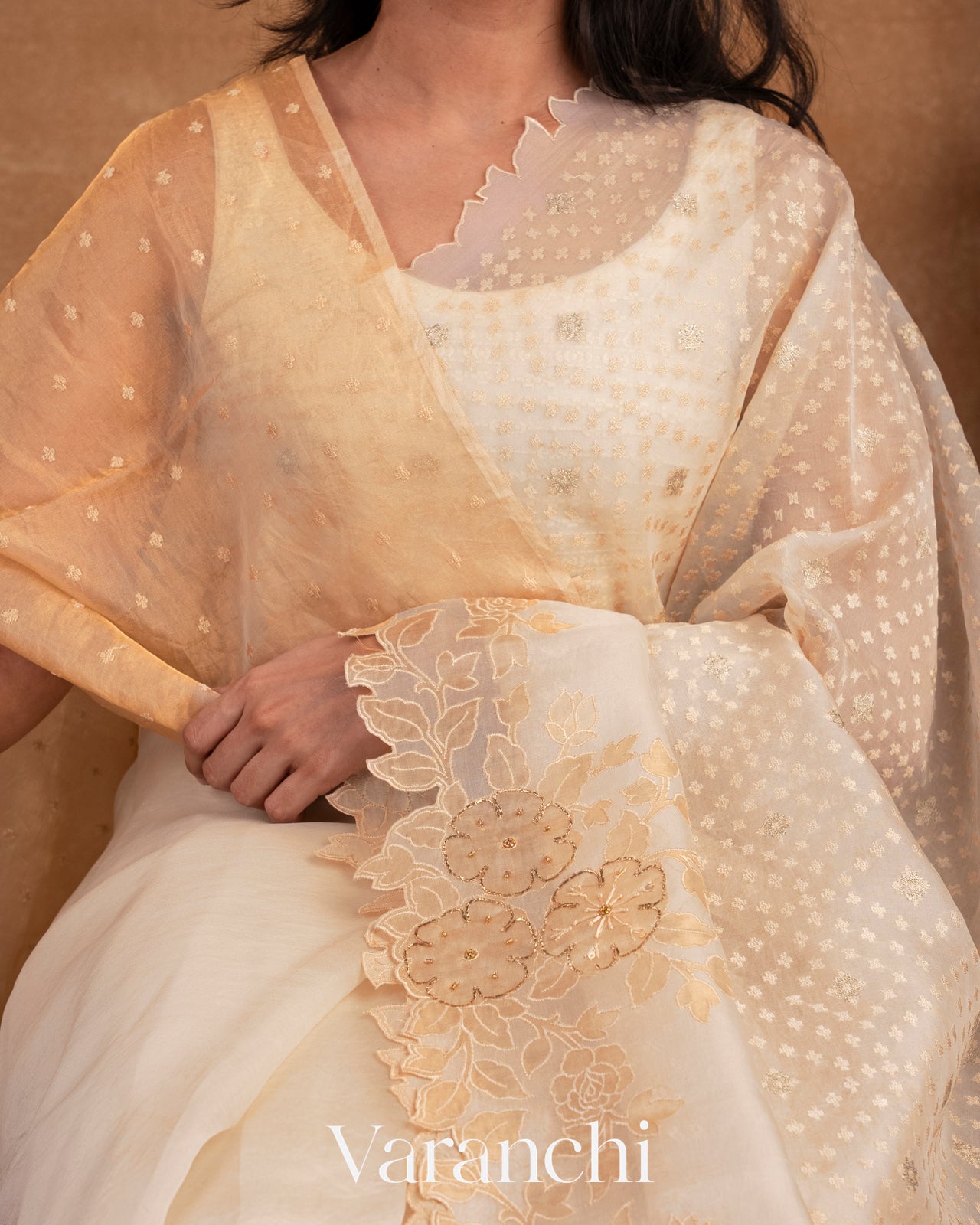 Off White Tissue Applique and Embroidered Pure Kora Silk Saree 