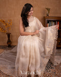 Off White Tissue Applique and Embroidered Pure Kora Silk Saree 
