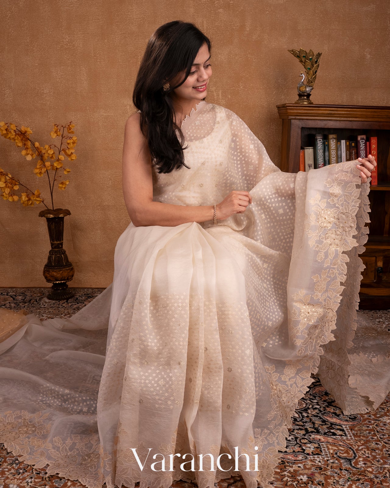 Off White Tissue Applique and Embroidered Pure Kora Silk Saree 