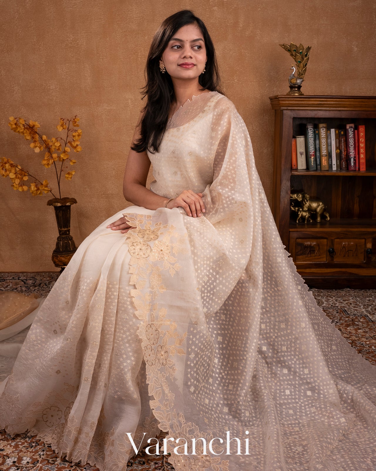 Off White Tissue Applique and Embroidered Pure Kora Silk Saree 