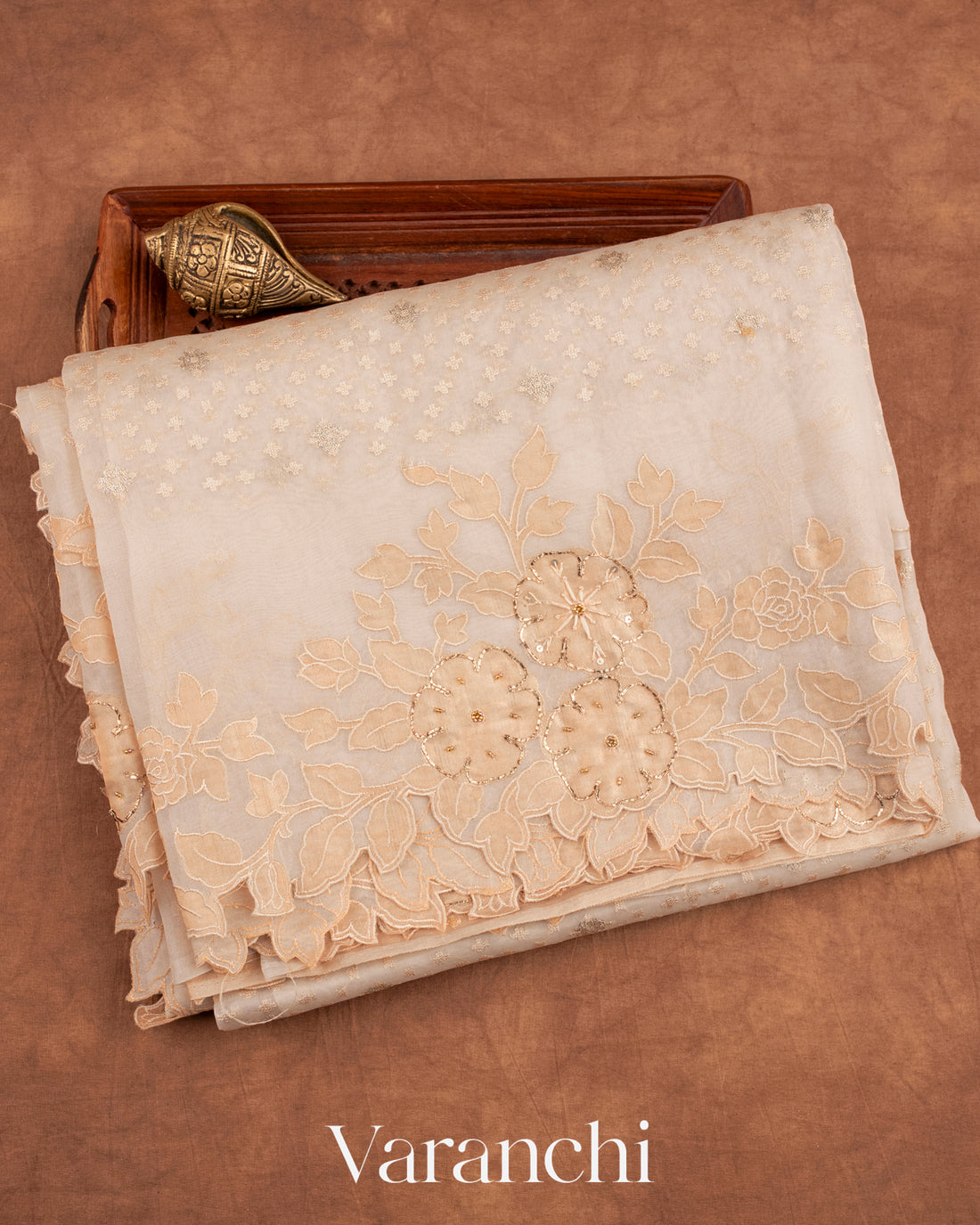 Off White Tissue Applique and Embroidered Pure Kora Silk Saree 