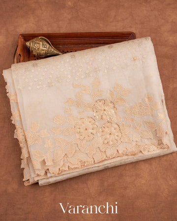 Off White Tissue Applique and Embroidered Pure Kora Silk Saree 
