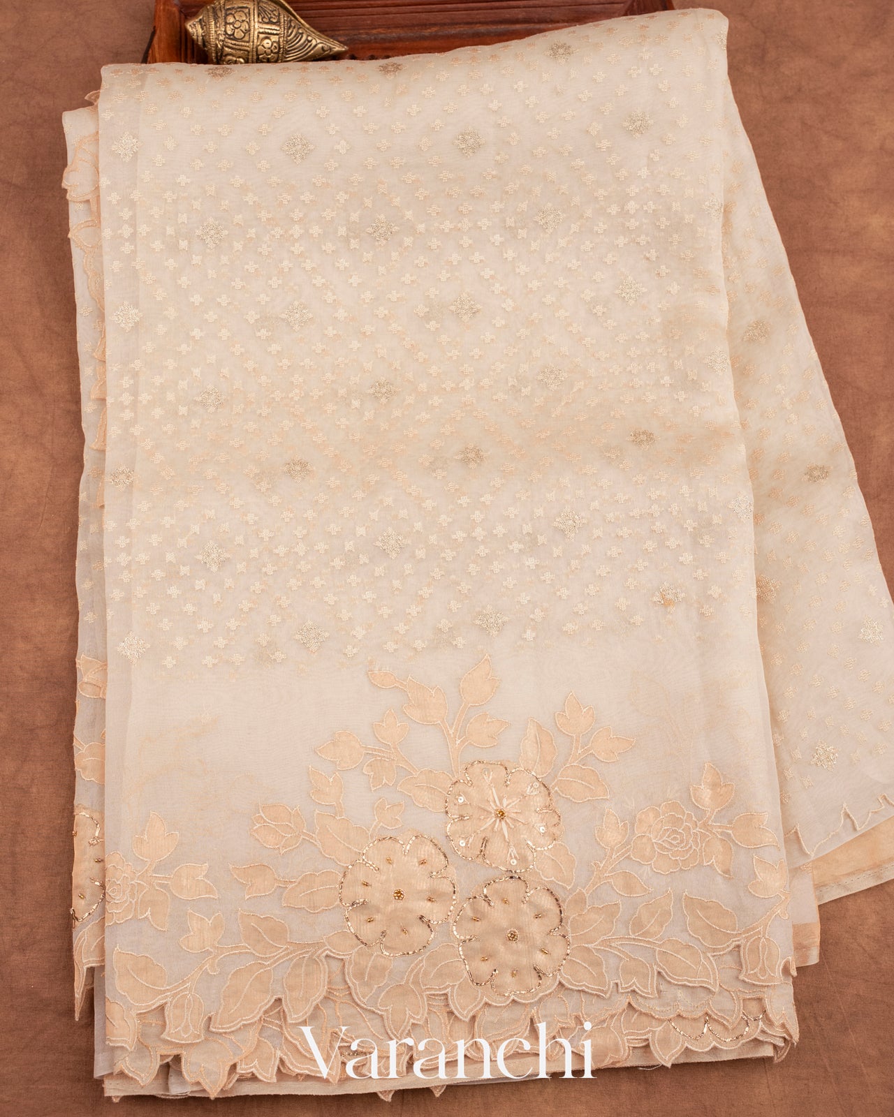Off White Tissue Applique and Embroidered Pure Kora Silk Saree 