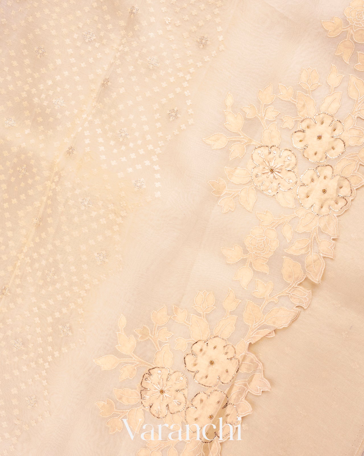 Off White Tissue Applique and Embroidered Pure Kora Silk Saree 
