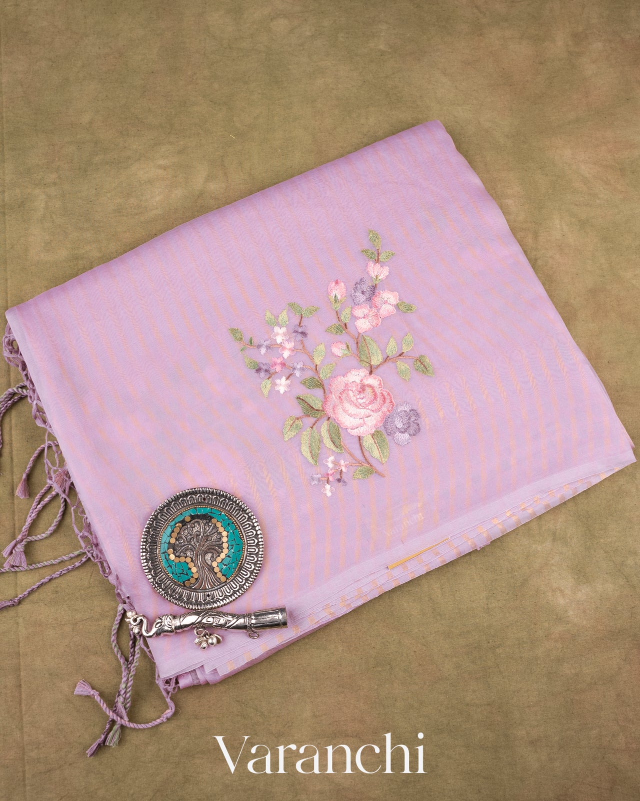 Lilac Floral Applique and Embroidered Pure Kora Silk Saree