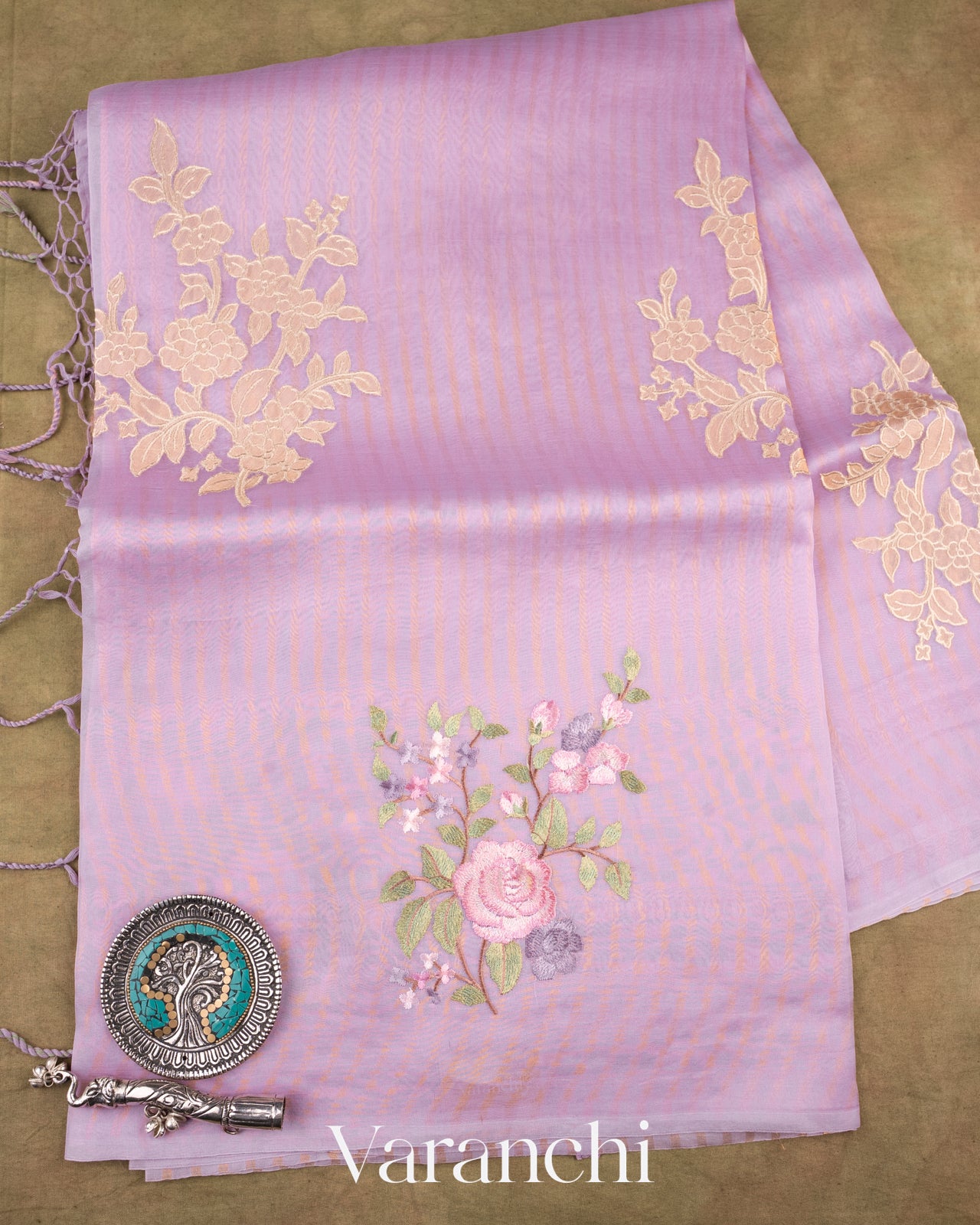 Lilac Floral Applique and Embroidered Pure Kora Silk Saree