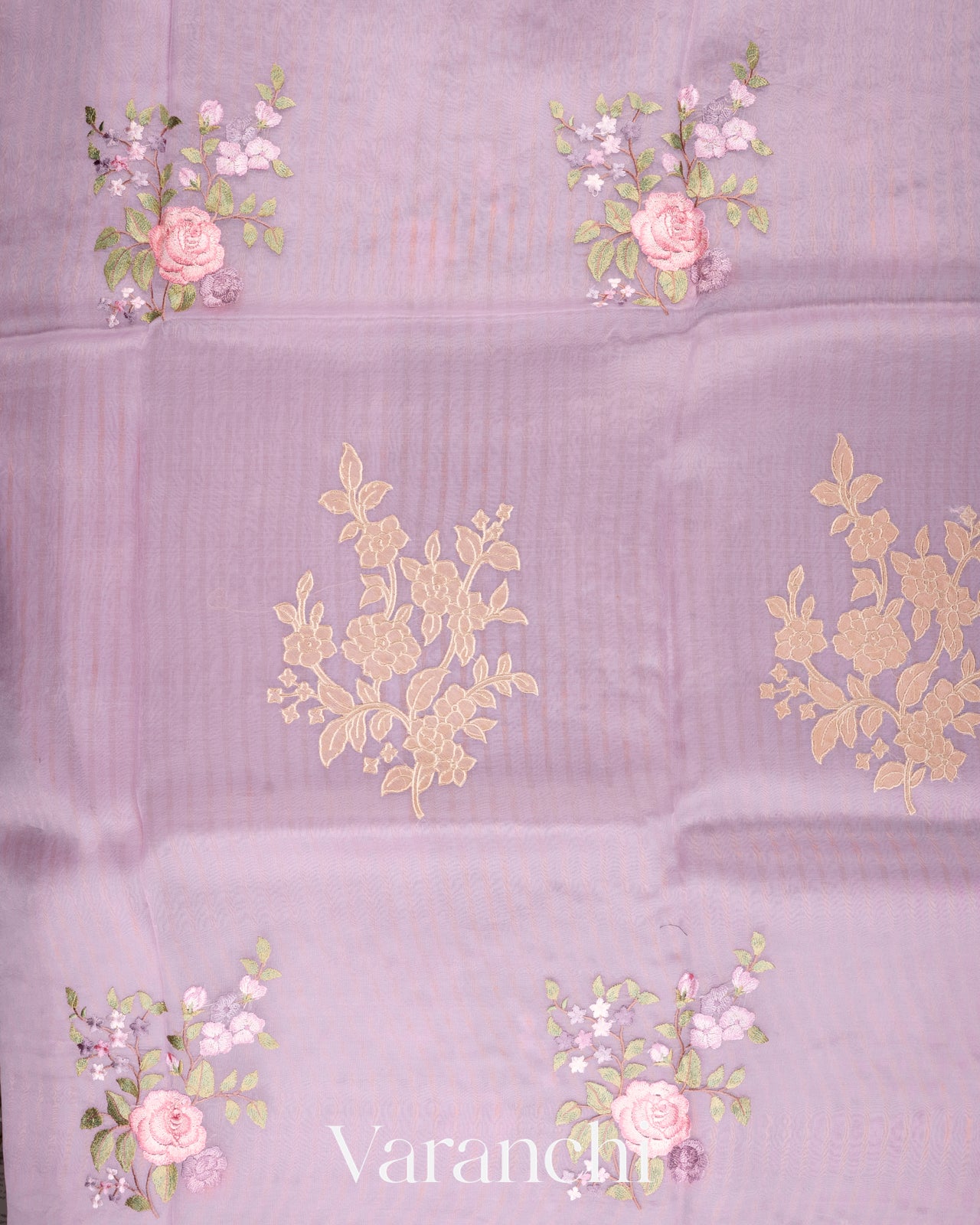 Lilac Floral Applique and Embroidered Pure Kora Silk Saree