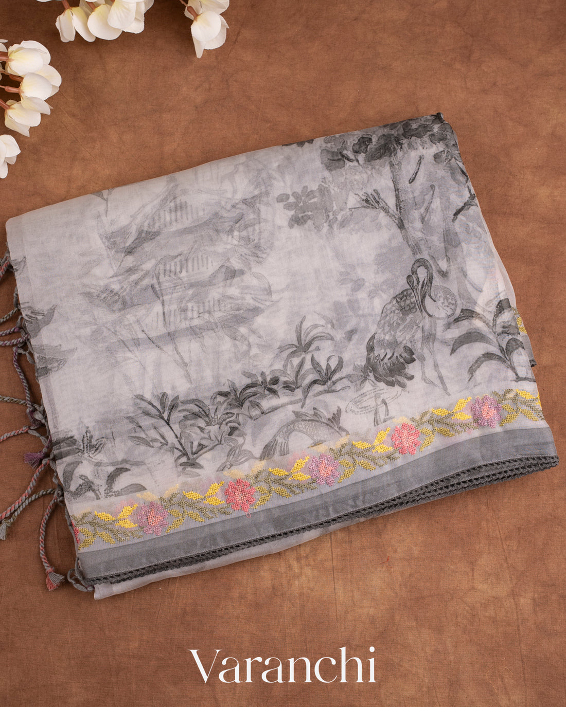 Soft White Embroidered and Digital Printed Pure Kora Silk Saree