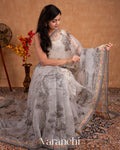 Soft White Embroidered and Digital Printed Pure Kora Silk Saree