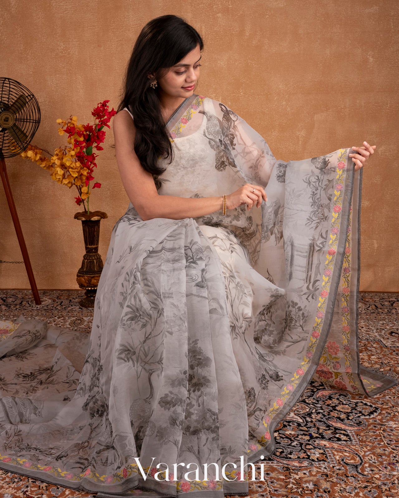 Soft White Embroidered and Digital Printed Pure Kora Silk Saree