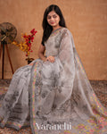 Soft White Embroidered and Digital Printed Pure Kora Silk Saree