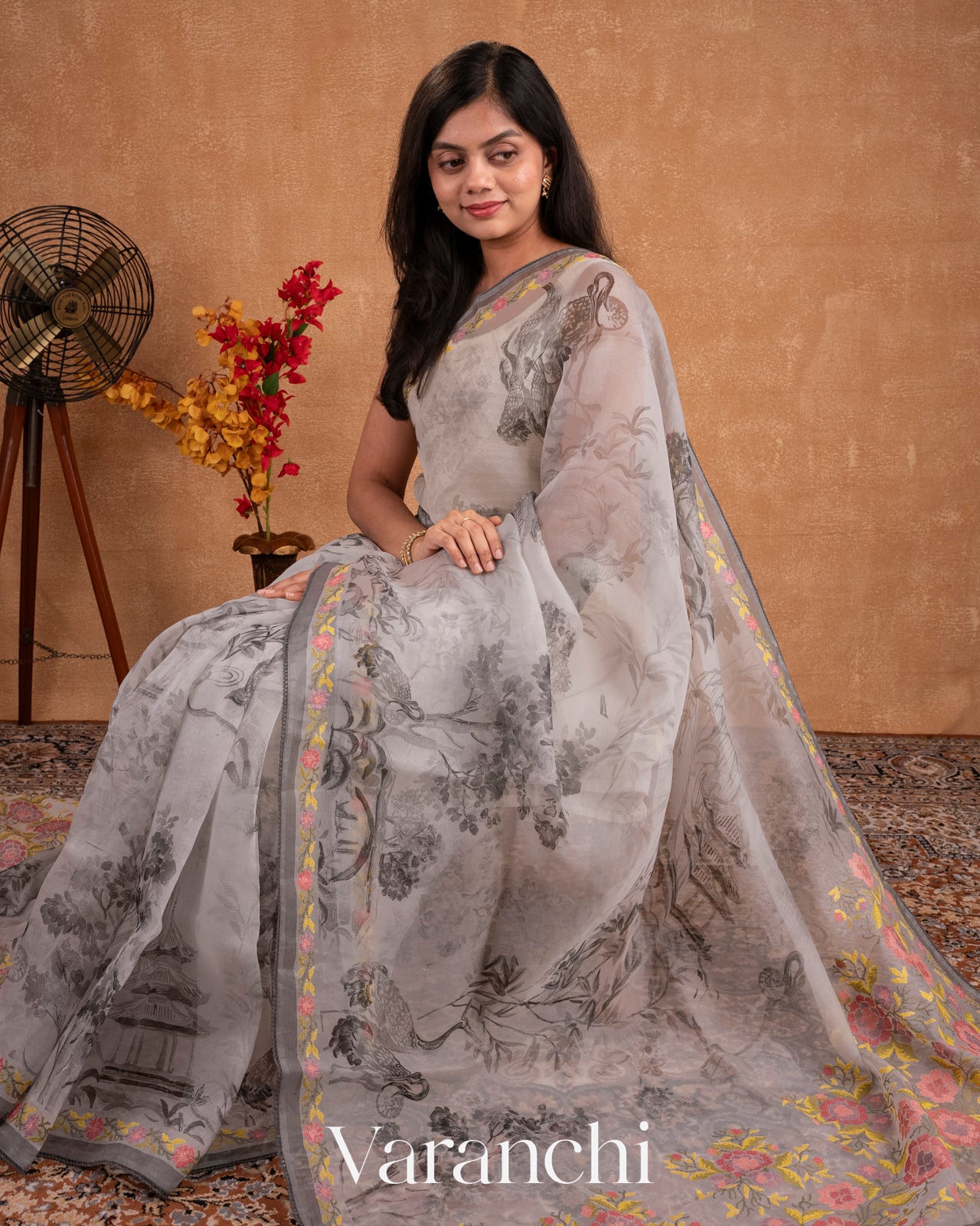 Soft White Embroidered and Digital Printed Pure Kora Silk Saree