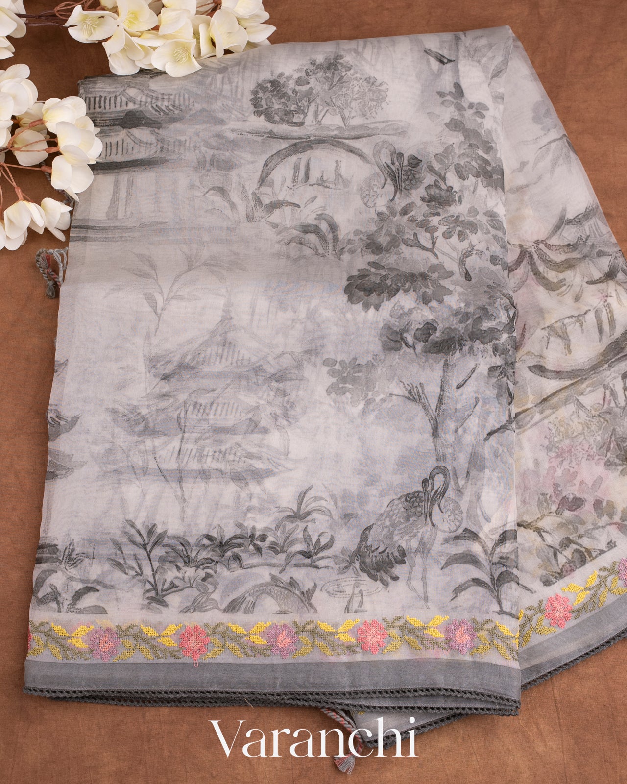 Soft White Embroidered and Digital Printed Pure Kora Silk Saree
