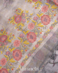 Soft White Embroidered and Digital Printed Pure Kora Silk Saree