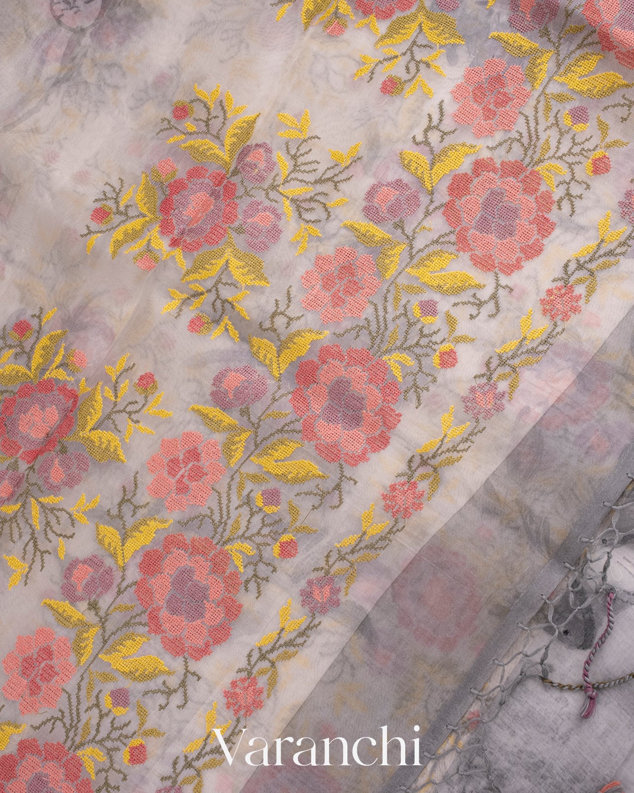 Soft White Embroidered and Digital Printed Pure Kora Silk Saree