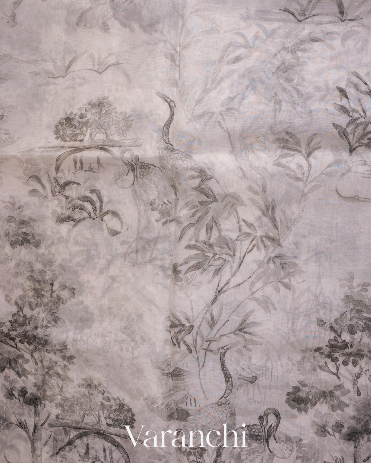 Soft White Embroidered and Digital Printed Pure Kora Silk Saree