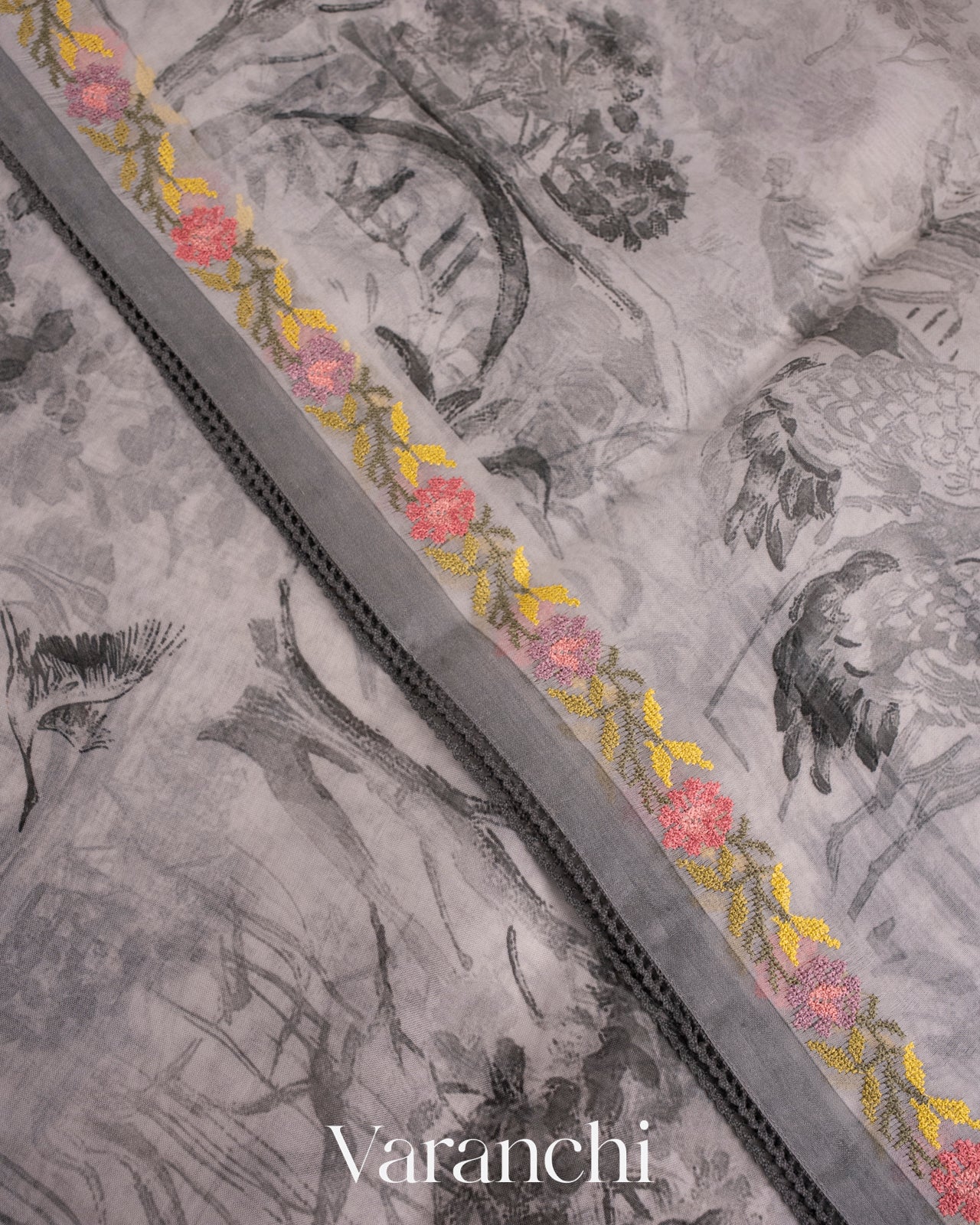Soft White Embroidered and Digital Printed Pure Kora Silk Saree
