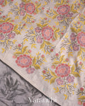 Soft White Embroidered and Digital Printed Pure Kora Silk Saree