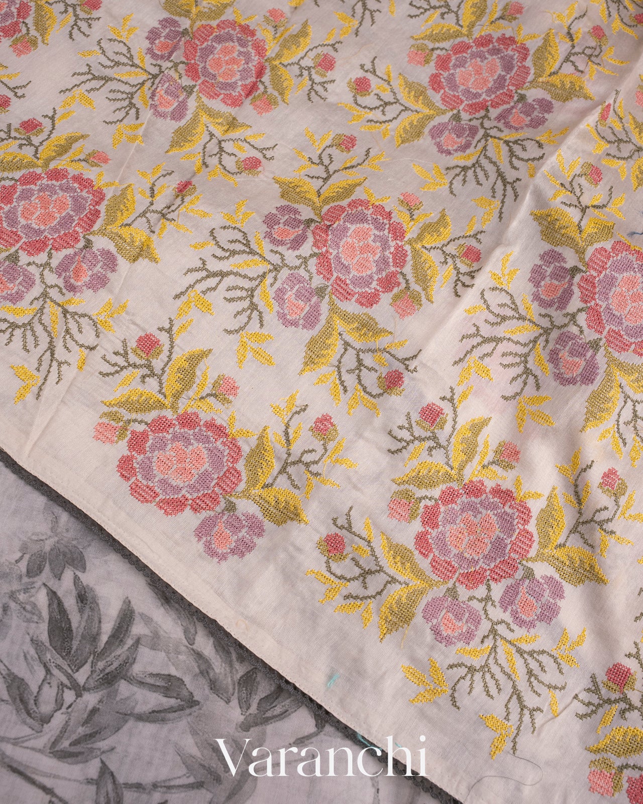 Soft White Embroidered and Digital Printed Pure Kora Silk Saree