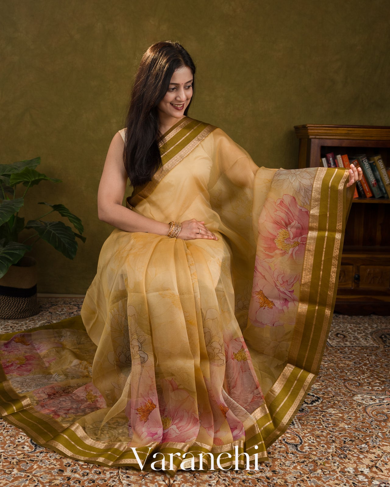 Muted Yellow Floral Printed Pure Kora Silk Saree