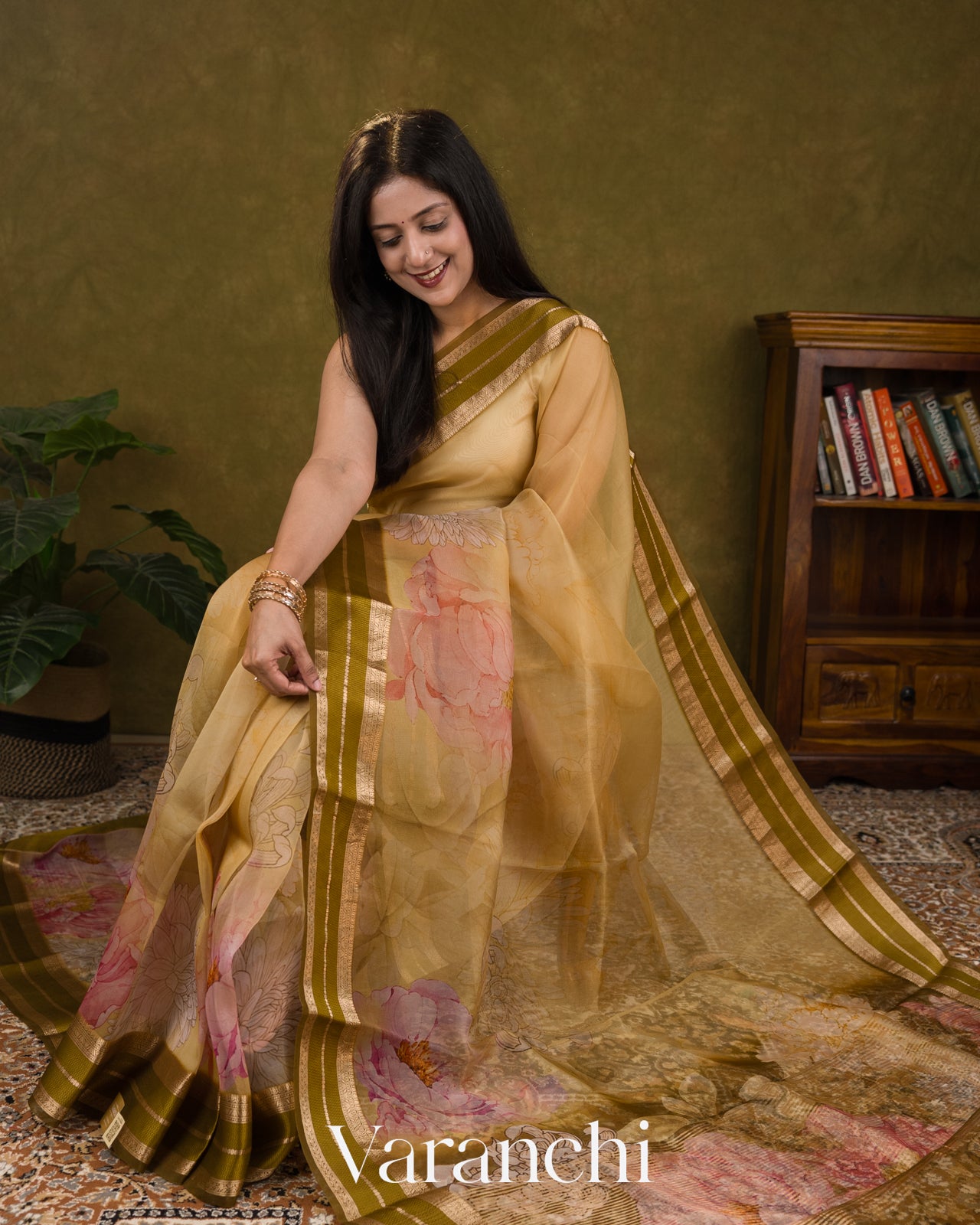 Muted Yellow Floral Printed Pure Kora Silk Saree