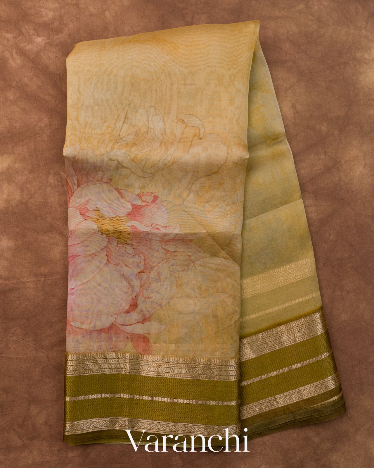 Muted Yellow Floral Printed Pure Kora Silk Saree