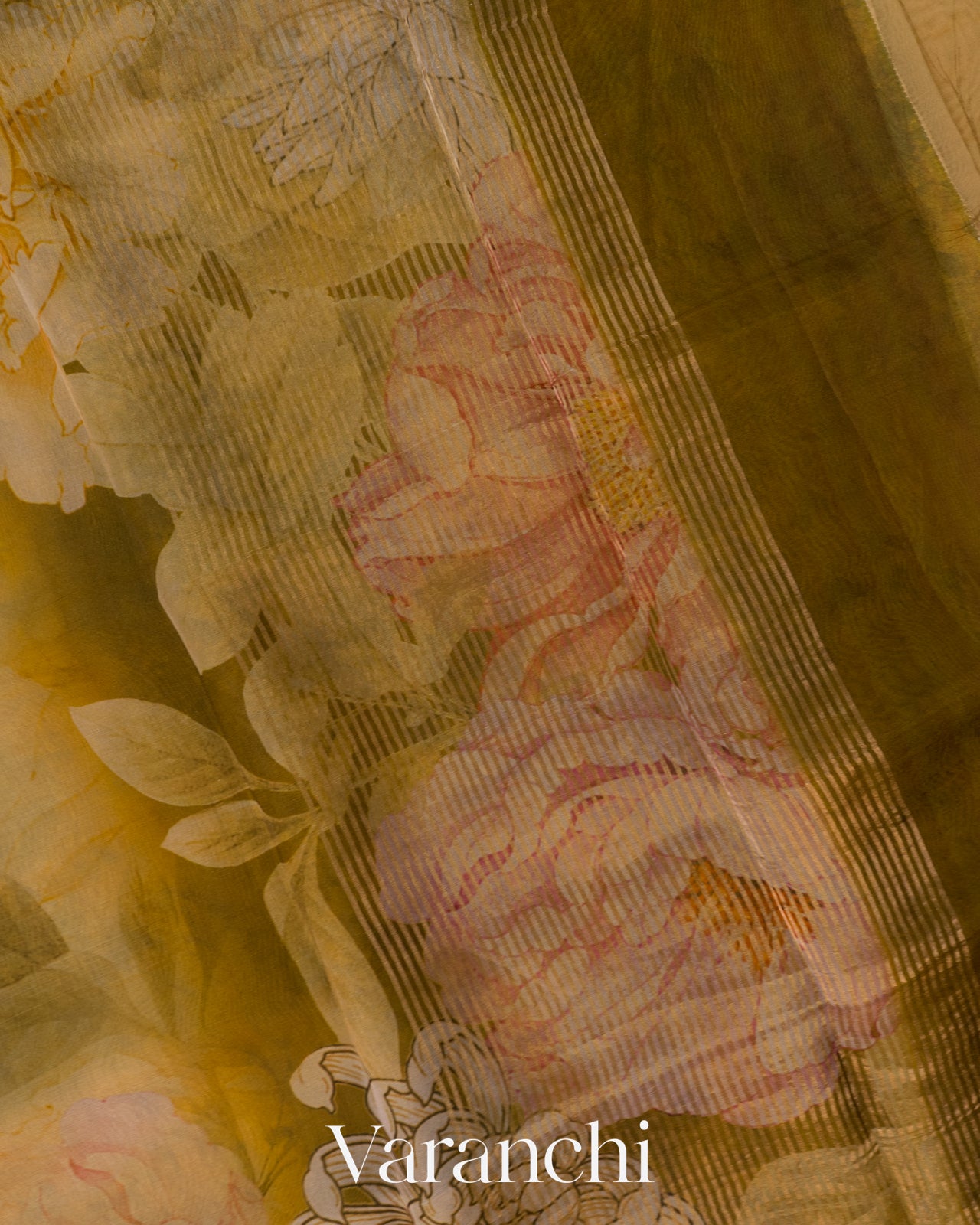Muted Yellow Floral Printed Pure Kora Silk Saree