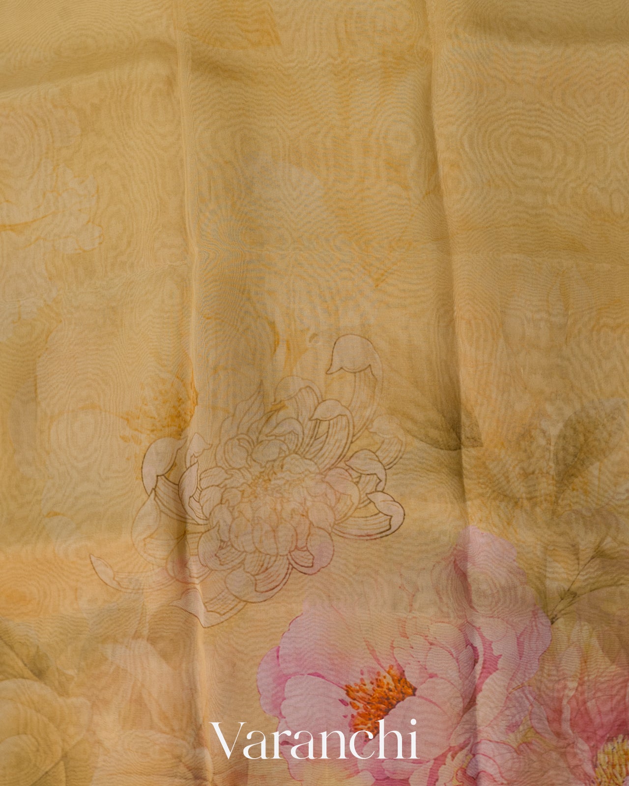 Muted Yellow Floral Printed Pure Kora Silk Saree